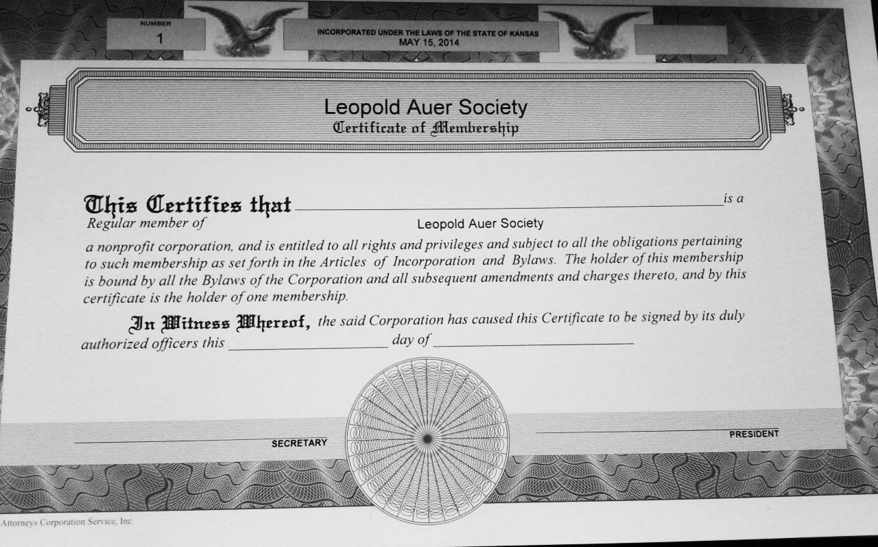 Leopold Auer Society Certificate of Membership